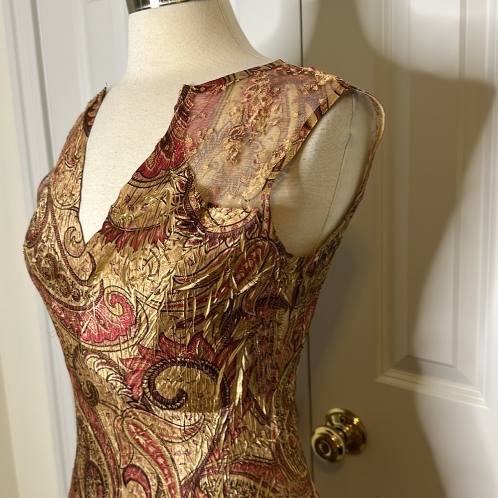 Komarov Gold Paisley Lace Detail Long Dress SzL - Picture 4 of 12